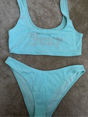 Juicy Couture Light Aqua Rhinestone Logo Bandeau Bikini